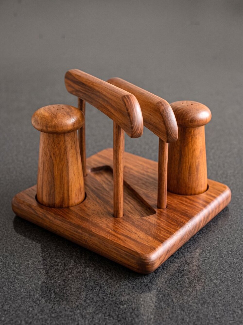 Vintage 1970s Goodwood Teak Salt Pepper Shakers & Napkin Holder Thailand